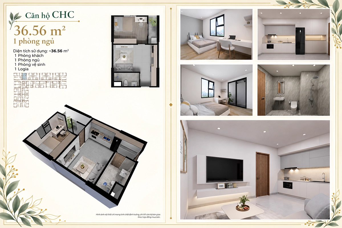 Căn hộ CHC 1 phòng ngủ Evergreen Premium Thiết kế căn hộ CHC 1 phòng ngủ 36,56 m² Evergreen Premium
