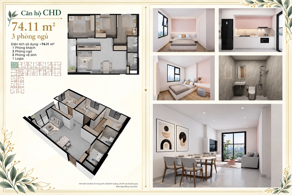 Căn hộ CHD 3 phòng ngủ Evergreen Premium Thiết kế căn hộ CHD 3 phòng ngủ 74,11 m² Evergreen Premium