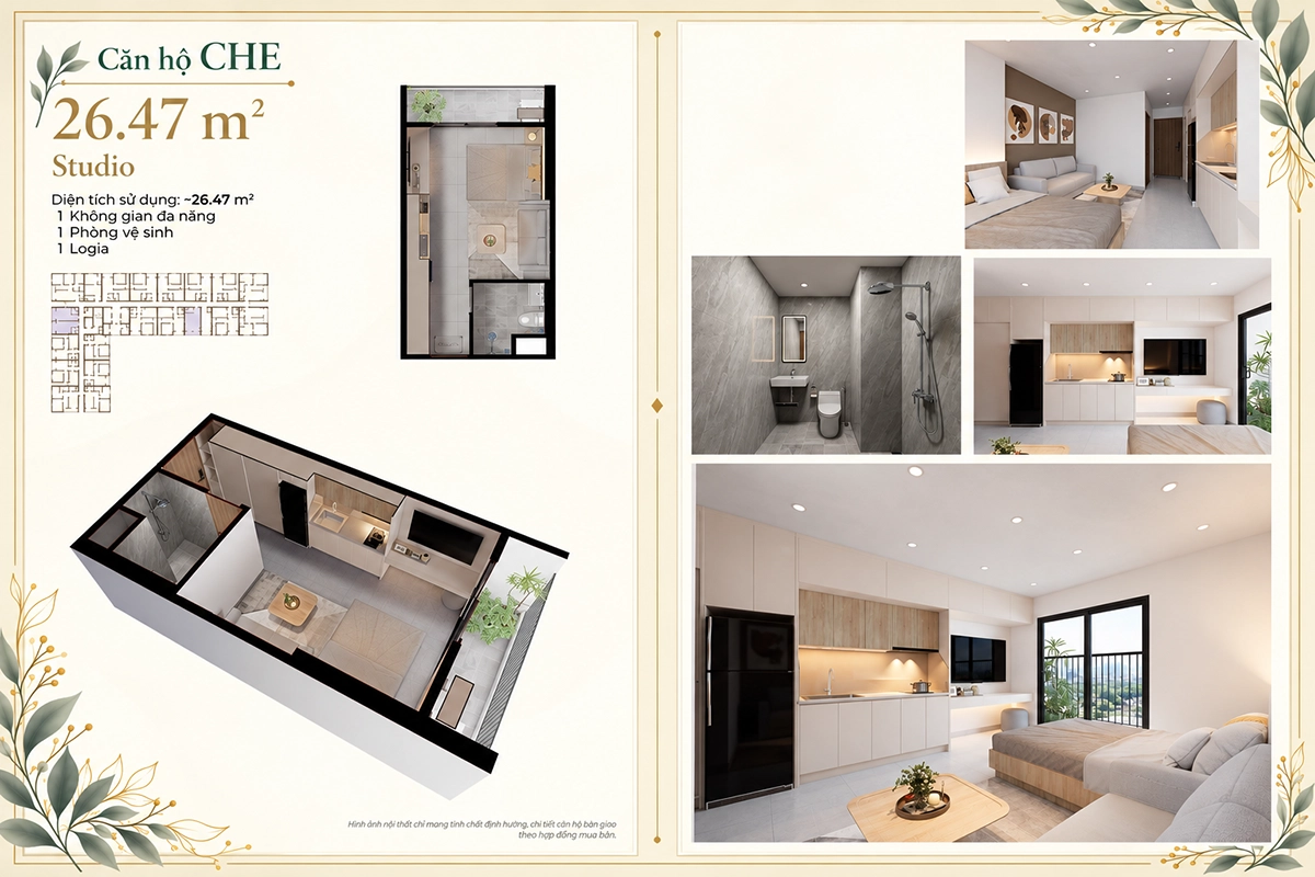 Căn hộ CHE Studio Evergreen Premium Thiết kế căn hộ CHE Studio 26,47 m² Evergreen Premium