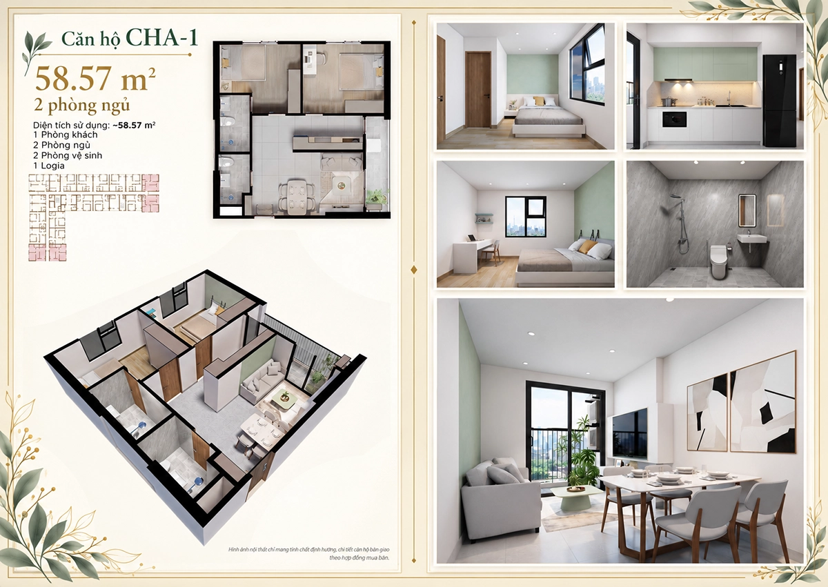 Căn hộ CHA-1 2 phòng ngủ Evergreen Premium Thiết kế căn hộ CHA-1 2 phòng ngủ 58,57 m² Evergreen Premium