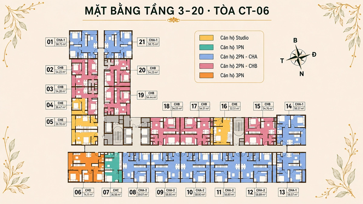 Mặt bằng tầng 3-20 tòa CT-06 Evergreen Premium Mặt bằng tầng 3-20 tòa CT-06 Evergreen Premium gồm 21 căn hộ