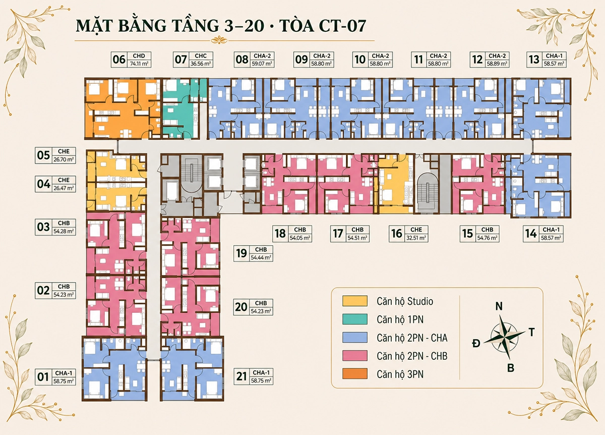 Mặt bằng tầng 3-20 tòa CT-07 Evergreen Premium Mặt bằng tầng 3-20 tòa CT-07 Evergreen Premium gồm 21 căn hộ