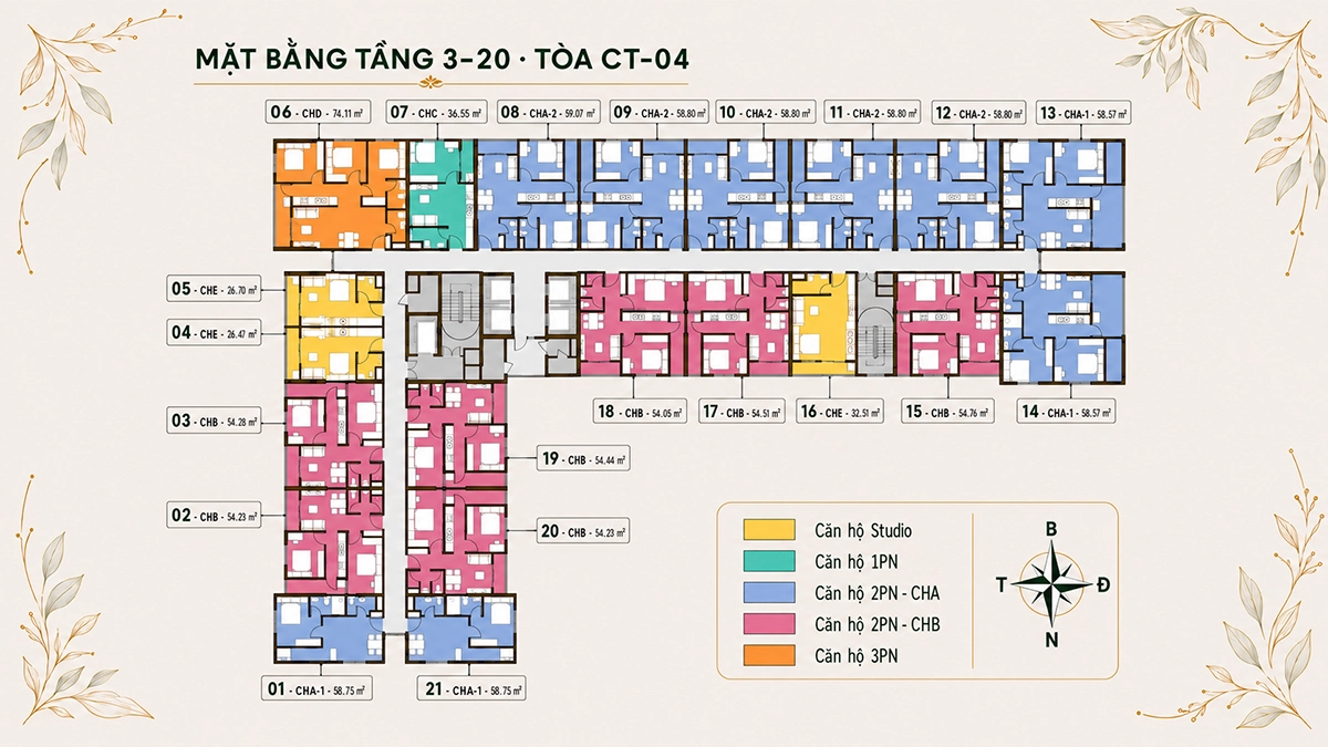 Mặt bằng tầng 3-20 tòa CT-04 Evergreen Premium Mặt bằng tầng 3-20 tòa CT-04 Evergreen Premium với 21 căn hộ