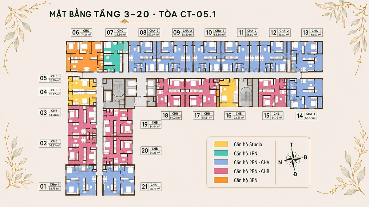 Mặt bằng tầng 3-20 tòa CT-05.1 Evergreen Premium Mặt bằng tầng 3-20 tòa CT-05.1 Evergreen Premium gồm 21 căn hộ