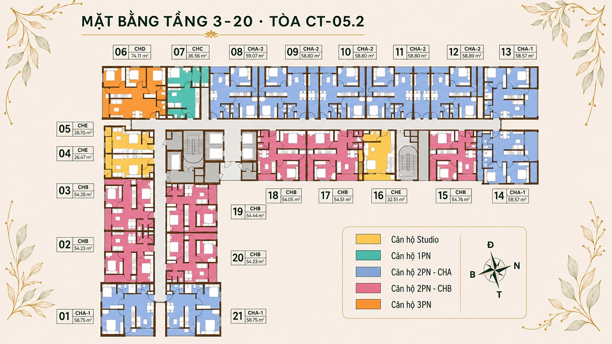 Mặt bằng tầng 3-20 tòa CT-05.2 Evergreen Premium Mặt bằng tầng 3-20 tòa CT-05.2 Evergreen Premium gồm 21 căn hộ