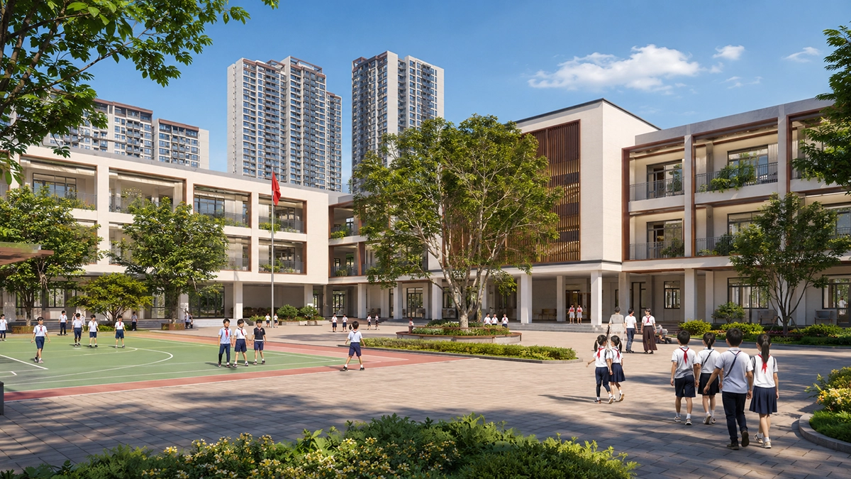 Trường tiểu học Evergreen Premium Phối cảnh trường tiểu học và sân thể thao tại Evergreen Premium